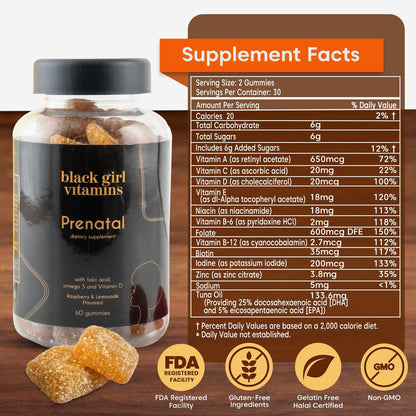 Black Girl Vitamins - Pränatale Gummibärchen für Frauen mit Folsäure zur Unterstützung der Knochengesundheit, glutenfrei (Himbeer-Zitronen-Limonade), 60 Stück