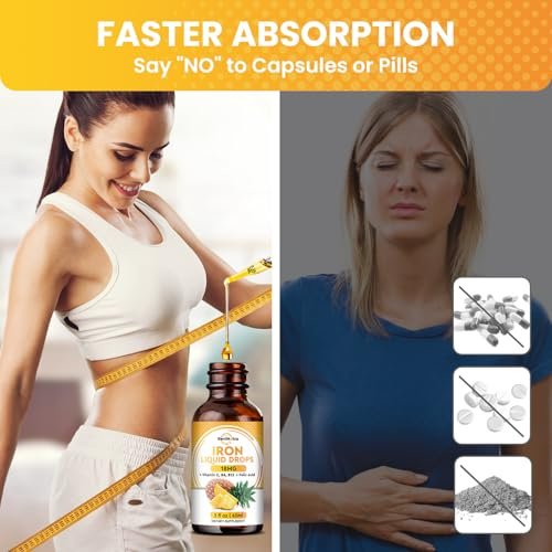 Flüssiges Eisenpräparat für Frauen, Männer & Kinder – Eisen-Tropfen mit Folsäure, Vitamin C, B6, B12 gegen Anämie, für rote Blutkörperchen & Energie, Ananasgeschmack, 60 ml