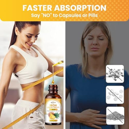 Flüssiges Eisenpräparat für Frauen, Männer & Kinder – Eisen-Tropfen mit Folsäure, Vitamin C, B6, B12 gegen Anämie, für rote Blutkörperchen & Energie, Ananasgeschmack, 60 ml