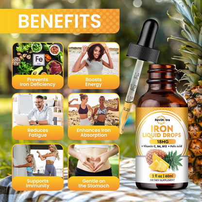 Flüssiges Eisenpräparat für Frauen, Männer & Kinder – Eisen-Tropfen mit Folsäure, Vitamin C, B6, B12 gegen Anämie, für rote Blutkörperchen & Energie, Ananasgeschmack, 60 ml