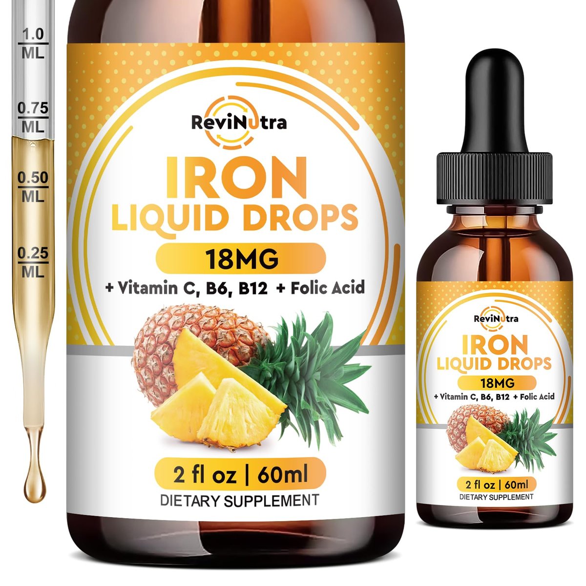Flüssiges Eisenpräparat für Frauen, Männer & Kinder – Eisen-Tropfen mit Folsäure, Vitamin C, B6, B12 gegen Anämie, für rote Blutkörperchen & Energie, Ananasgeschmack, 60 ml