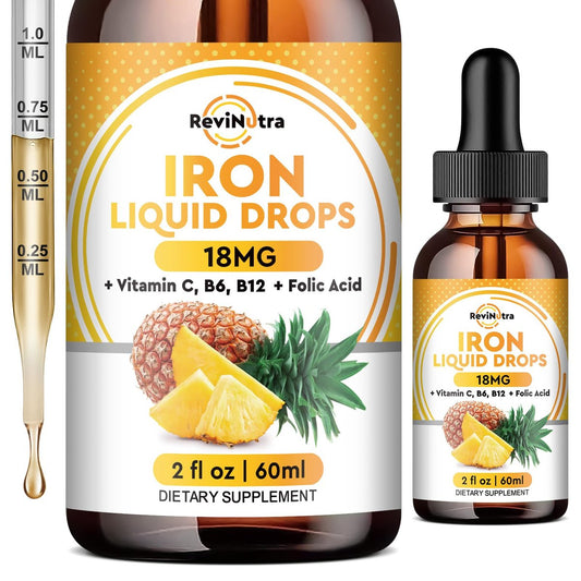 Flüssiges Eisenpräparat für Frauen, Männer & Kinder – Eisen-Tropfen mit Folsäure, Vitamin C, B6, B12 gegen Anämie, für rote Blutkörperchen & Energie, Ananasgeschmack, 60 ml
