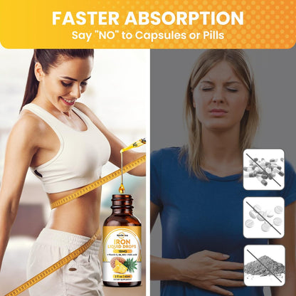 Flüssiges Eisenpräparat für Frauen, Männer & Kinder – Eisen-Tropfen mit Folsäure, Vitamin C, B6, B12 gegen Anämie, für rote Blutkörperchen & Energie, Ananasgeschmack, 60 ml
