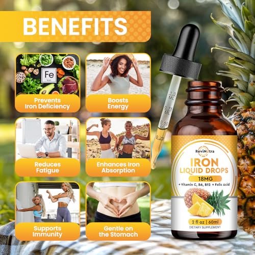 Flüssiges Eisenpräparat für Frauen, Männer & Kinder – Eisen-Tropfen mit Folsäure, Vitamin C, B6, B12 gegen Anämie, für rote Blutkörperchen & Energie, Ananasgeschmack, 60 ml
