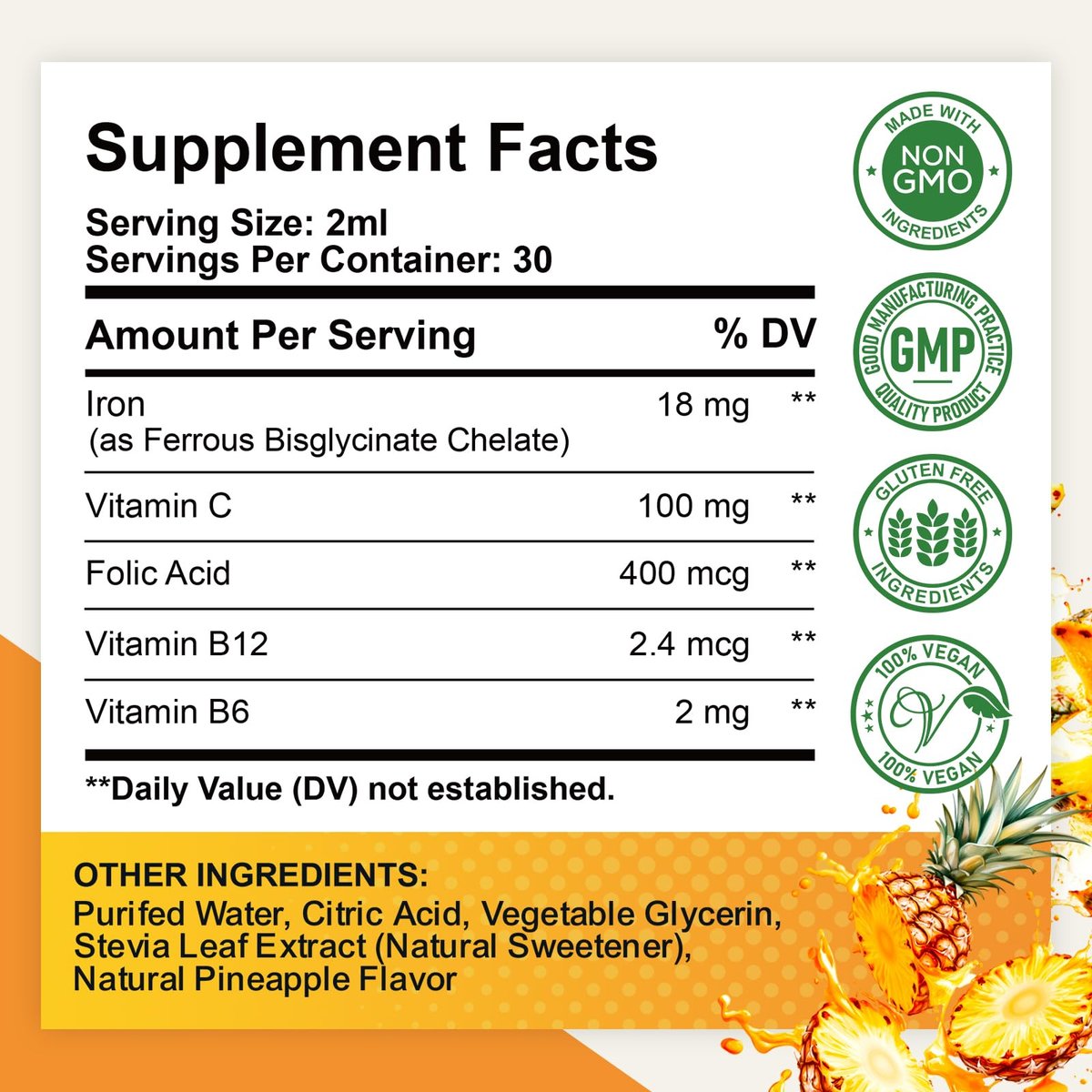 Flüssiges Eisenpräparat für Frauen, Männer & Kinder – Eisen-Tropfen mit Folsäure, Vitamin C, B6, B12 gegen Anämie, für rote Blutkörperchen & Energie, Ananasgeschmack, 60 ml