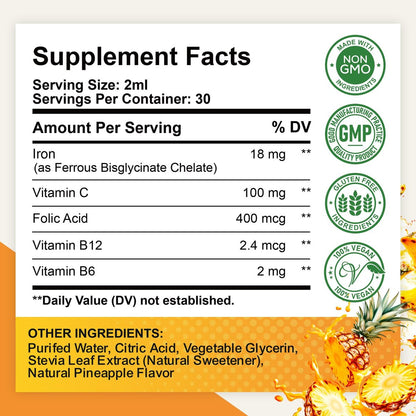 Flüssiges Eisenpräparat für Frauen, Männer & Kinder – Eisen-Tropfen mit Folsäure, Vitamin C, B6, B12 gegen Anämie, für rote Blutkörperchen & Energie, Ananasgeschmack, 60 ml