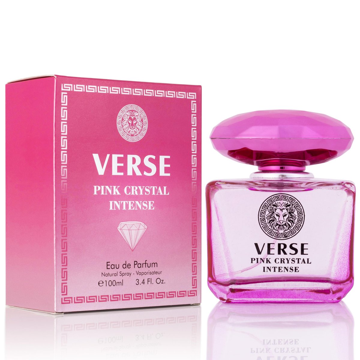 Verse Pink Crystal Intense für Damen 3,4 fl oz – Fruchtiger & blumiger Damenduft mit Himbeere, Pfingstrose, Magnolie & Lotusblüten – Basisnoten von Amber, lebhaftem Moschus & tiefem Mahagoniholz – Eleganter 100-ml-Flakon