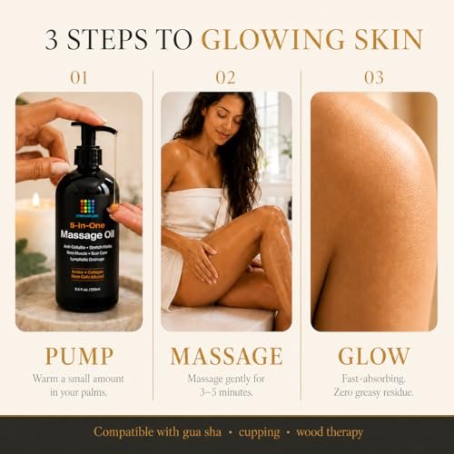 5-in-1 Lymphdrainage-Massageöl für Massagetherapie - Glättet das Erscheinungsbild von Cellulite & verbessert die Hauttextur - Nach OP-Erholung & Lipo, BBL, Tummy Tuck, Fibrose-Behandlung - 8,5 Unzen