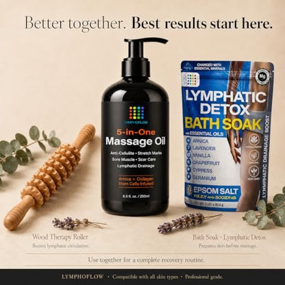 5-in-1 Lymphdrainage-Massageöl für Massagetherapie - Glättet das Erscheinungsbild von Cellulite & verbessert die Hauttextur - Nach OP-Erholung & Lipo, BBL, Tummy Tuck, Fibrose-Behandlung - 8,5 Unzen