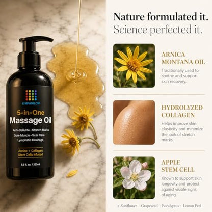5-in-1 Lymphdrainage-Massageöl für Massagetherapie - Glättet das Erscheinungsbild von Cellulite & verbessert die Hauttextur - Nach OP-Erholung & Lipo, BBL, Tummy Tuck, Fibrose-Behandlung - 8,5 Unzen