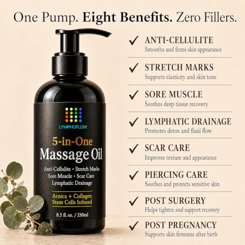 5-in-1 Lymphdrainage-Massageöl für Massagetherapie - Glättet das Erscheinungsbild von Cellulite & verbessert die Hauttextur - Nach OP-Erholung & Lipo, BBL, Tummy Tuck, Fibrose-Behandlung - 8,5 Unzen