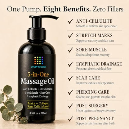 5-in-1 Lymphdrainage-Massageöl für Massagetherapie - Glättet das Erscheinungsbild von Cellulite & verbessert die Hauttextur - Nach OP-Erholung & Lipo, BBL, Tummy Tuck, Fibrose-Behandlung - 8,5 Unzen