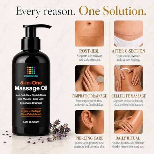 5-in-1 Lymphdrainage-Massageöl für Massagetherapie - Glättet das Erscheinungsbild von Cellulite & verbessert die Hauttextur - Nach OP-Erholung & Lipo, BBL, Tummy Tuck, Fibrose-Behandlung - 8,5 Unzen