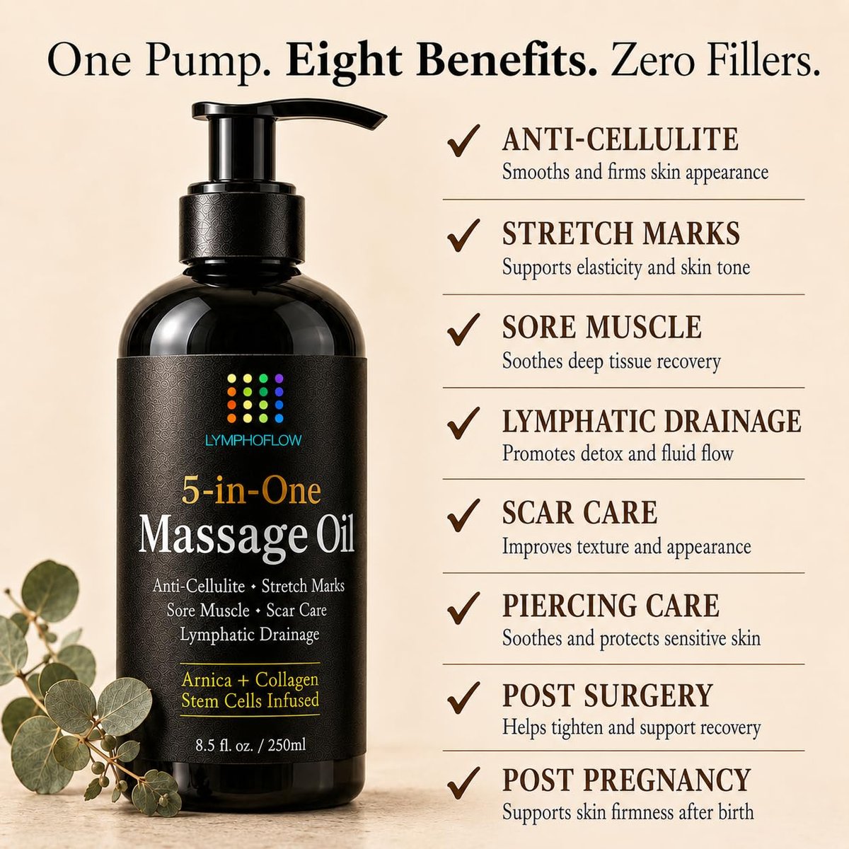 5-in-1 Lymphdrainage-Massageöl für Massagetherapie - Glättet das Erscheinungsbild von Cellulite & verbessert die Hauttextur - Nach OP-Erholung & Lipo, BBL, Tummy Tuck, Fibrose-Behandlung - 8,5 Unzen