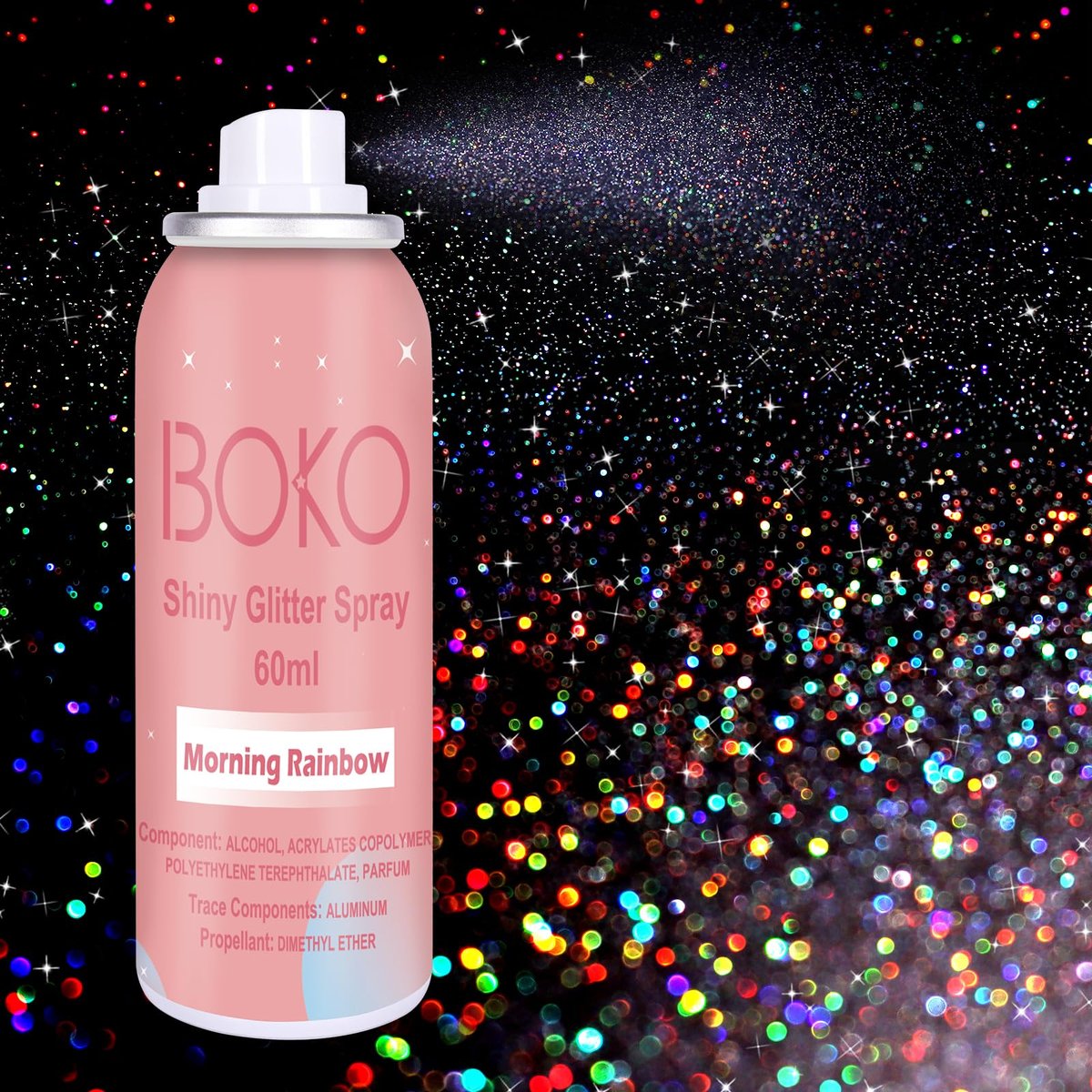 Boko Body Glitter Spray 60ml – Holografischer Silber-Glitzer-Spray für Körper, Haare und Kleidung – Schnell trocknend & langanhaltend – Perfekt für Festivals, Partys, Raves & Konzerte