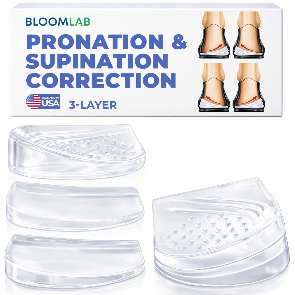 Orthopädische Fersenkeil-Einlagen – 3-lagige verstellbare Gel-Einlegesohlen gegen Supination, Pronation, Plattfüße & Fersenschmerzen – Stützende Schuhpolster für Damen & Herren