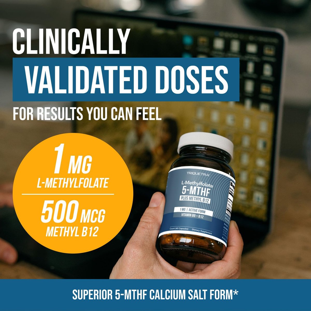 L-Methylfolat 1000 mcg plus Methyl-B12-Cofaktor – Aktive 5-MTHF-Form – Unterstützt Stimmung, Methylierung, Kognition – Hoch bioverfügbare bioaktive Formen von Vitamin B9 & B12 (60 Kapseln – 60 Portionen)