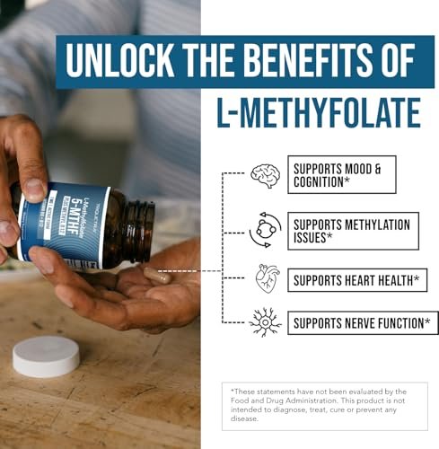 L-Methylfolat 1000 mcg plus Methyl-B12-Cofaktor – Aktive 5-MTHF-Form – Unterstützt Stimmung, Methylierung, Kognition – Hoch bioverfügbare bioaktive Formen von Vitamin B9 & B12 (60 Kapseln – 60 Portionen)
