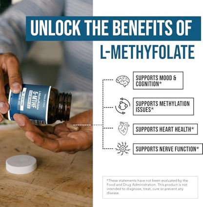 L-Methylfolat 1000 mcg plus Methyl-B12-Cofaktor – Aktive 5-MTHF-Form – Unterstützt Stimmung, Methylierung, Kognition – Hoch bioverfügbare bioaktive Formen von Vitamin B9 & B12 (60 Kapseln – 60 Portionen)