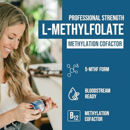 L-Methylfolat 1000 mcg plus Methyl-B12-Cofaktor – Aktive 5-MTHF-Form – Unterstützt Stimmung, Methylierung, Kognition – Hoch bioverfügbare bioaktive Formen von Vitamin B9 & B12 (60 Kapseln – 60 Portionen)