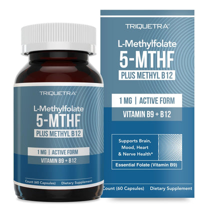 L-Methylfolat 1000 mcg plus Methyl-B12-Cofaktor – Aktive 5-MTHF-Form – Unterstützt Stimmung, Methylierung, Kognition – Hoch bioverfügbare bioaktive Formen von Vitamin B9 & B12 (60 Kapseln – 60 Portionen)