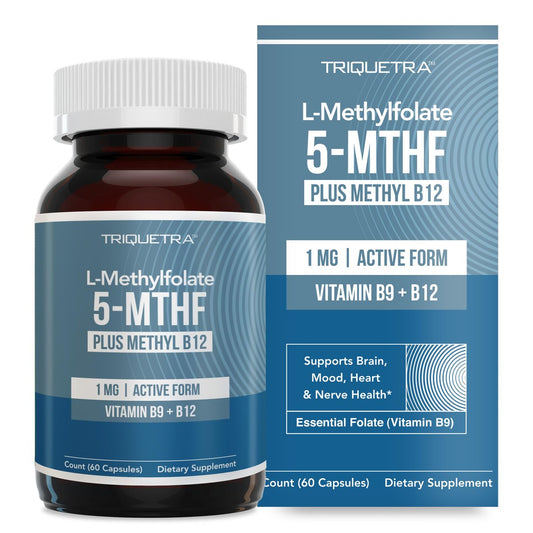 L-Methylfolat 1000 mcg plus Methyl-B12-Cofaktor – Aktive 5-MTHF-Form – Unterstützt Stimmung, Methylierung, Kognition – Hoch bioverfügbare bioaktive Formen von Vitamin B9 & B12 (60 Kapseln – 60 Portionen)