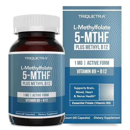 L-Methylfolat 1000 mcg plus Methyl-B12-Cofaktor – Aktive 5-MTHF-Form – Unterstützt Stimmung, Methylierung, Kognition – Hoch bioverfügbare bioaktive Formen von Vitamin B9 & B12 (60 Kapseln – 60 Portionen)