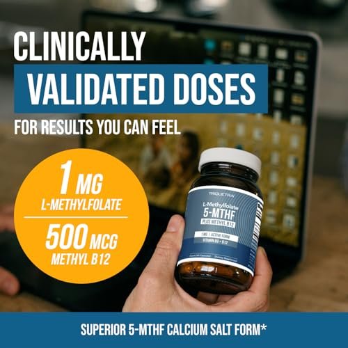 L-Methylfolat 1000 mcg plus Methyl-B12-Cofaktor – Aktive 5-MTHF-Form – Unterstützt Stimmung, Methylierung, Kognition – Hoch bioverfügbare bioaktive Formen von Vitamin B9 & B12 (60 Kapseln – 60 Portionen)