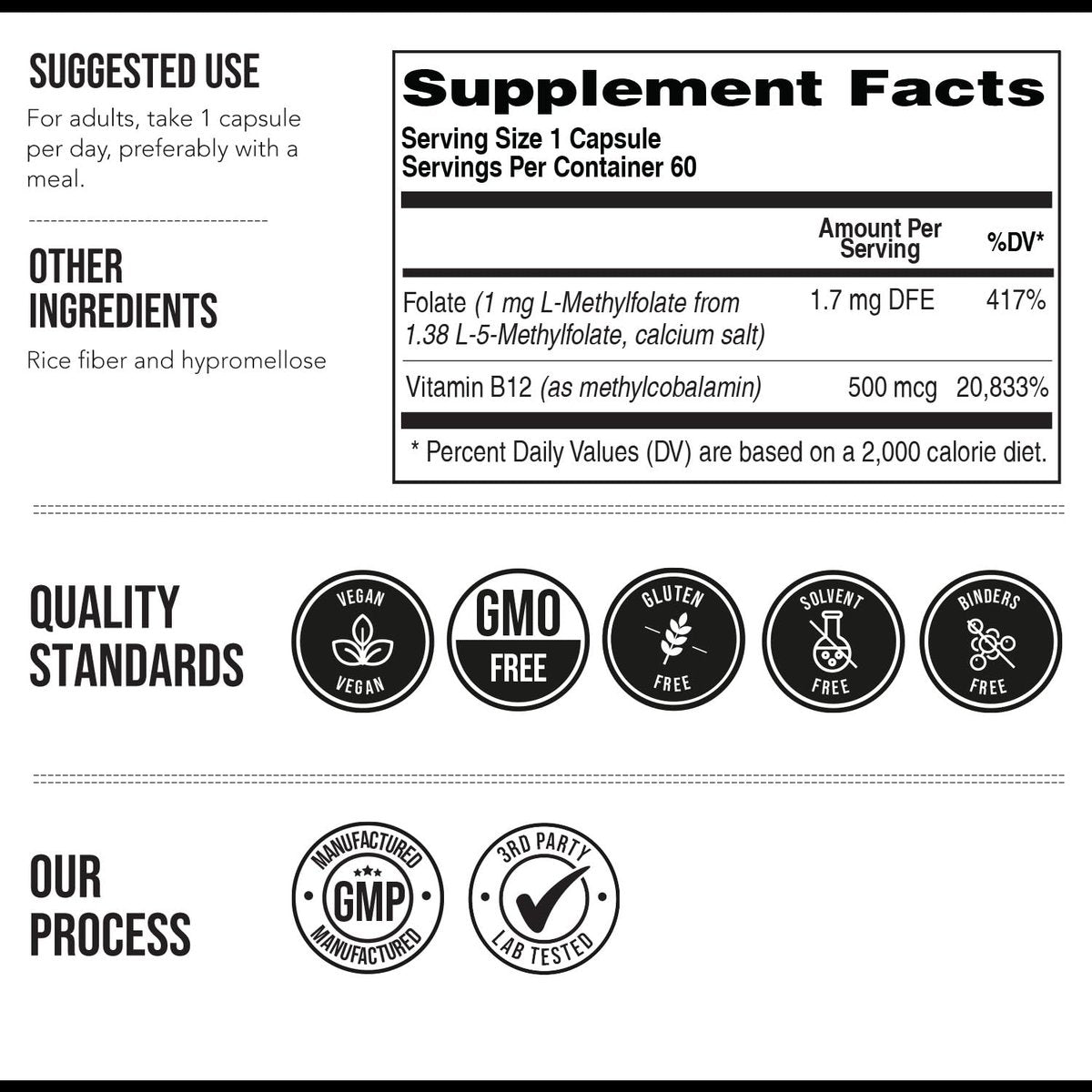 L-Methylfolat 1000 mcg plus Methyl-B12-Cofaktor – Aktive 5-MTHF-Form – Unterstützt Stimmung, Methylierung, Kognition – Hoch bioverfügbare bioaktive Formen von Vitamin B9 & B12 (60 Kapseln – 60 Portionen)