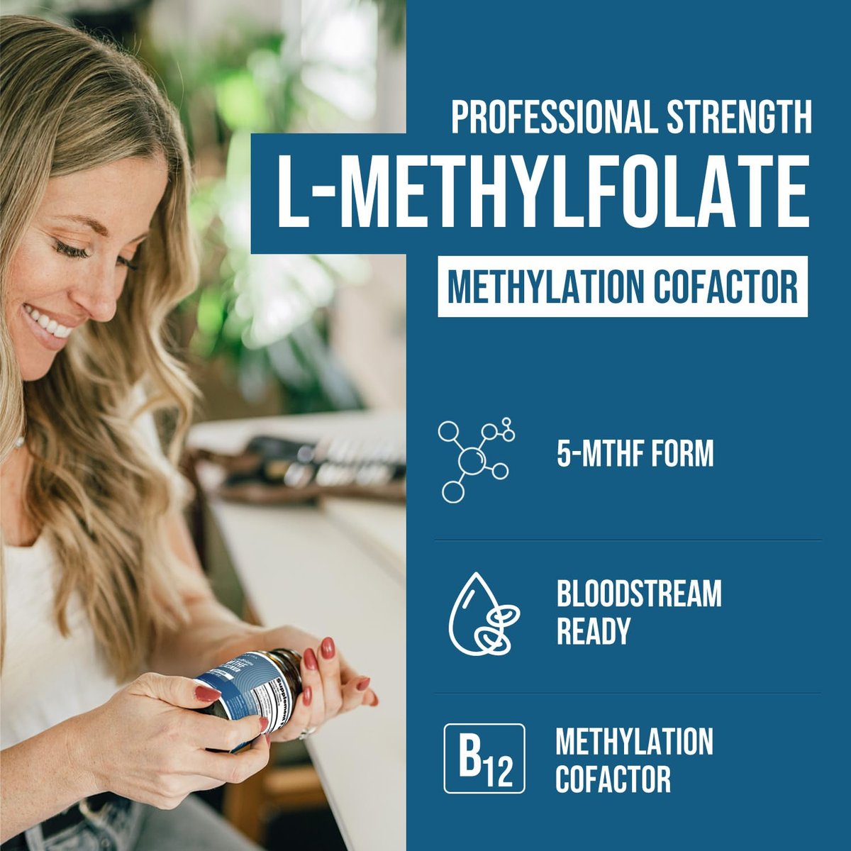 L-Methylfolat 1000 mcg plus Methyl-B12-Cofaktor – Aktive 5-MTHF-Form – Unterstützt Stimmung, Methylierung, Kognition – Hoch bioverfügbare bioaktive Formen von Vitamin B9 & B12 (60 Kapseln – 60 Portionen)