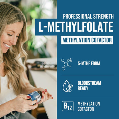 L-Methylfolat 1000 mcg plus Methyl-B12-Cofaktor – Aktive 5-MTHF-Form – Unterstützt Stimmung, Methylierung, Kognition – Hoch bioverfügbare bioaktive Formen von Vitamin B9 & B12 (60 Kapseln – 60 Portionen)