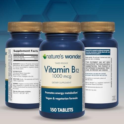 Nature's Wonder Vitamin B12 1000 mcg – Zeitfreisetzungstabletten für Energiestoffwechsel, Unterstützung der Gehirn- und Nervengesundheit, 150-Tage-Vorrat, 150 Tabletten
