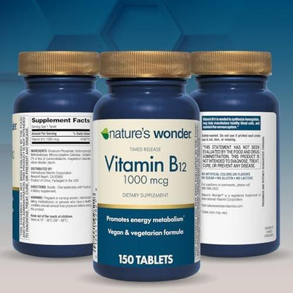 Nature's Wonder Vitamin B12 1000 mcg – Zeitfreisetzungstabletten für Energiestoffwechsel, Unterstützung der Gehirn- und Nervengesundheit, 150-Tage-Vorrat, 150 Tabletten