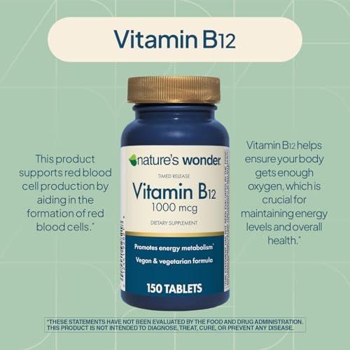 Nature's Wonder Vitamin B12 1000 mcg – Zeitfreisetzungstabletten für Energiestoffwechsel, Unterstützung der Gehirn- und Nervengesundheit, 150-Tage-Vorrat, 150 Tabletten