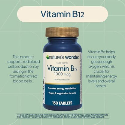 Nature's Wonder Vitamin B12 1000 mcg – Zeitfreisetzungstabletten für Energiestoffwechsel, Unterstützung der Gehirn- und Nervengesundheit, 150-Tage-Vorrat, 150 Tabletten