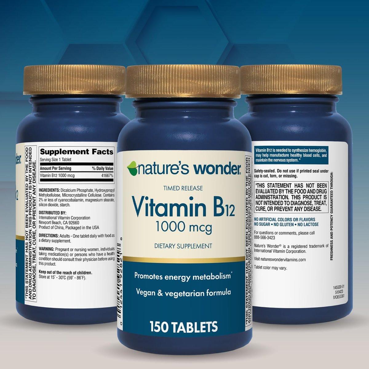 Nature's Wonder Vitamin B12 1000 mcg – Zeitfreisetzungstabletten für Energiestoffwechsel, Unterstützung der Gehirn- und Nervengesundheit, 150-Tage-Vorrat, 150 Tabletten