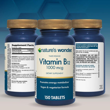 Nature's Wonder Vitamin B12 1000 mcg – Zeitfreisetzungstabletten für Energiestoffwechsel, Unterstützung der Gehirn- und Nervengesundheit, 150-Tage-Vorrat, 150 Tabletten