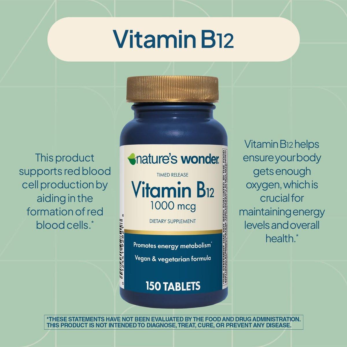 Nature's Wonder Vitamin B12 1000 mcg – Zeitfreisetzungstabletten für Energiestoffwechsel, Unterstützung der Gehirn- und Nervengesundheit, 150-Tage-Vorrat, 150 Tabletten