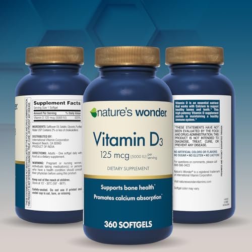 Nature's Wonder Vitamin D3 5000 IE (125 µg) Hochdosiert – Nahrungsergänzungsmittel zur Unterstützung von Knochengesundheit und Immunsystem – Glutenfrei – 360 Weichkapseln – 1-Jahres-Vorrat