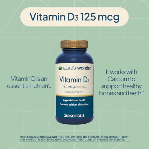 Nature's Wonder Vitamin D3 5000 IE (125 µg) Hochdosiert – Nahrungsergänzungsmittel zur Unterstützung von Knochengesundheit und Immunsystem – Glutenfrei – 360 Weichkapseln – 1-Jahres-Vorrat