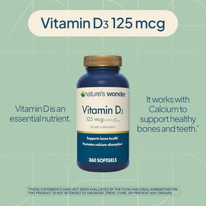 Nature's Wonder Vitamin D3 5000 IE (125 µg) Hochdosiert – Nahrungsergänzungsmittel zur Unterstützung von Knochengesundheit und Immunsystem – Glutenfrei – 360 Weichkapseln – 1-Jahres-Vorrat