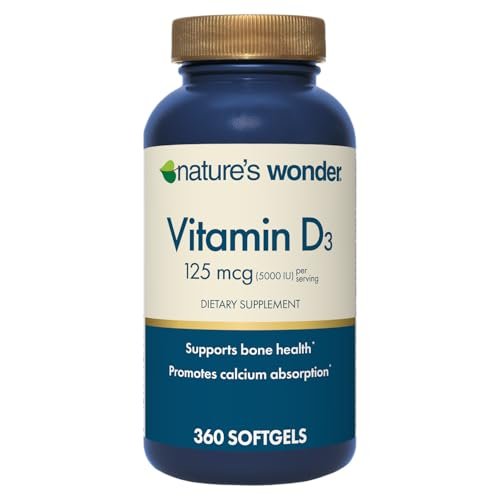 Nature's Wonder Vitamin D3 5000 IE (125 µg) Hochdosiert – Nahrungsergänzungsmittel zur Unterstützung von Knochengesundheit und Immunsystem – Glutenfrei – 360 Weichkapseln – 1-Jahres-Vorrat