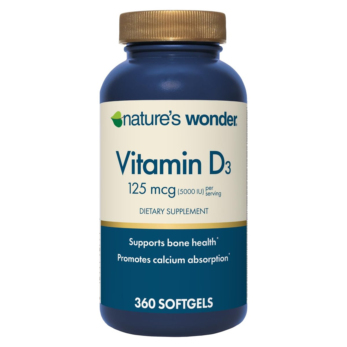 Nature's Wonder Vitamin D3 5000 IE (125 µg) Hochdosiert – Nahrungsergänzungsmittel zur Unterstützung von Knochengesundheit und Immunsystem – Glutenfrei – 360 Weichkapseln – 1-Jahres-Vorrat