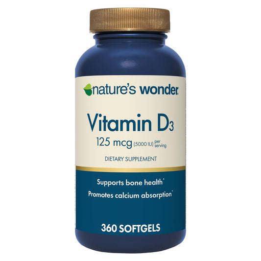 Nature's Wonder Vitamin D3 5000 IE (125 µg) Hochdosiert – Nahrungsergänzungsmittel zur Unterstützung von Knochengesundheit und Immunsystem – Glutenfrei – 360 Weichkapseln – 1-Jahres-Vorrat
