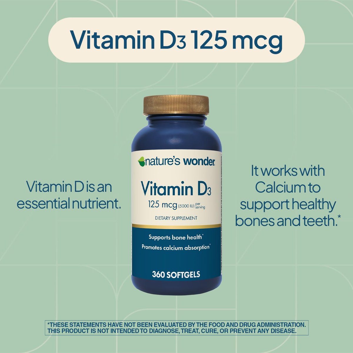 Nature's Wonder Vitamin D3 5000 IE (125 µg) Hochdosiert – Nahrungsergänzungsmittel zur Unterstützung von Knochengesundheit und Immunsystem – Glutenfrei – 360 Weichkapseln – 1-Jahres-Vorrat