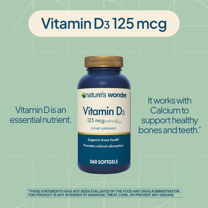 Nature's Wonder Vitamin D3 5000 IE (125 µg) Hochdosiert – Nahrungsergänzungsmittel zur Unterstützung von Knochengesundheit und Immunsystem – Glutenfrei – 360 Weichkapseln – 1-Jahres-Vorrat