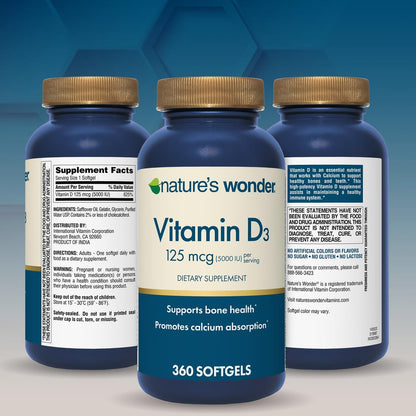 Nature's Wonder Vitamin D3 5000 IE (125 µg) Hochdosiert – Nahrungsergänzungsmittel zur Unterstützung von Knochengesundheit und Immunsystem – Glutenfrei – 360 Weichkapseln – 1-Jahres-Vorrat