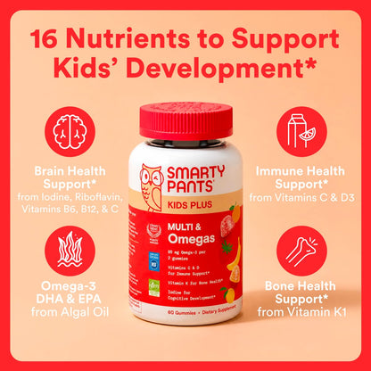 SmartyPants Kinder Multivitamin Gummis mit Omega 3 DHA/EPA, Vitaminen D3, C, B12, B6, A, K und Zink, glutenfrei, Clean Label, drei Fruchtgeschmacksrichtungen, 60 Gummis (30-Tage-Versorgung)