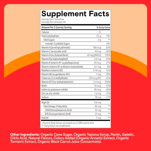 SmartyPants Kinder Multivitamin Gummis mit Omega 3 DHA/EPA, Vitaminen D3, C, B12, B6, A, K und Zink, glutenfrei, Clean Label, drei Fruchtgeschmacksrichtungen, 60 Gummis (30-Tage-Versorgung)