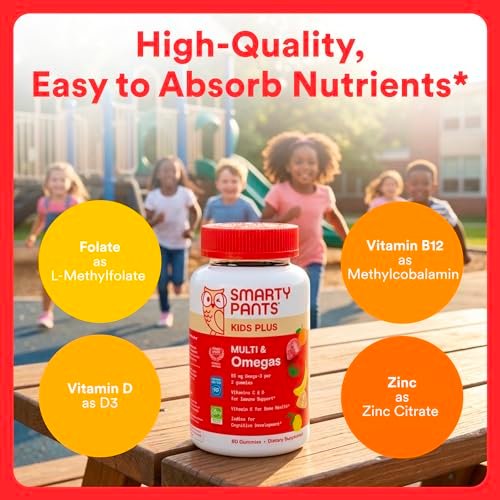 SmartyPants Kinder Multivitamin Gummis mit Omega 3 DHA/EPA, Vitaminen D3, C, B12, B6, A, K und Zink, glutenfrei, Clean Label, drei Fruchtgeschmacksrichtungen, 60 Gummis (30-Tage-Versorgung)